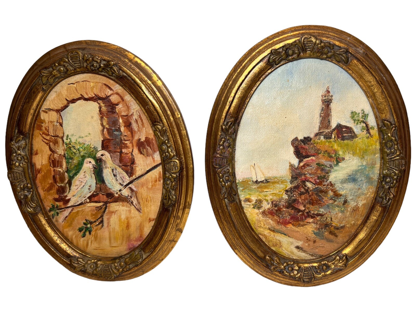 2 Oval 1960s Oil Paintings by Ruth Hoefler Inverness FL Lighthouse Bird 9 x 7”