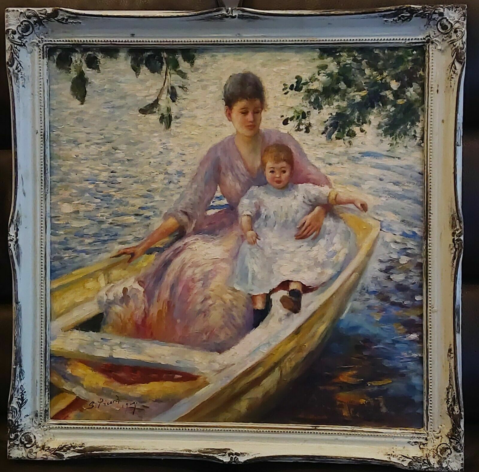 Vtg Impressionist Oil Painting Mother And Child On Lake framed signed by PICARD