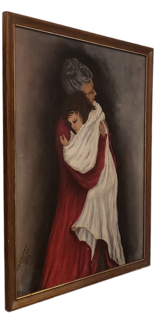 Vintage Oil Painting Grandmother Holding Granddaughter 1963 Signed