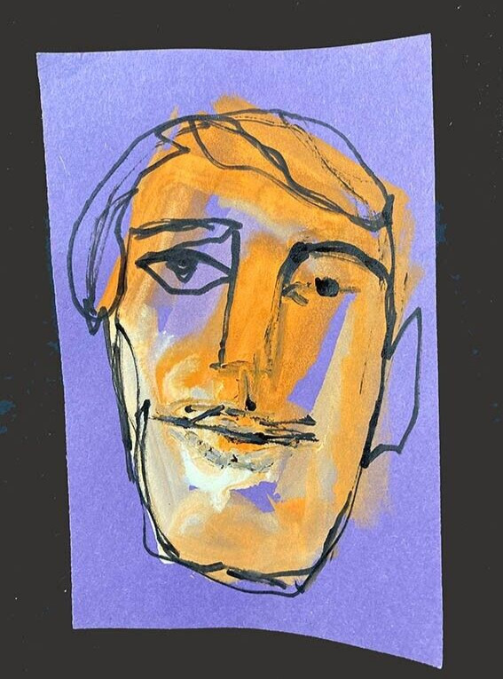 Man Portrait Painting Naive Outsider 4×6 Small Affordable Art April Fool Purple