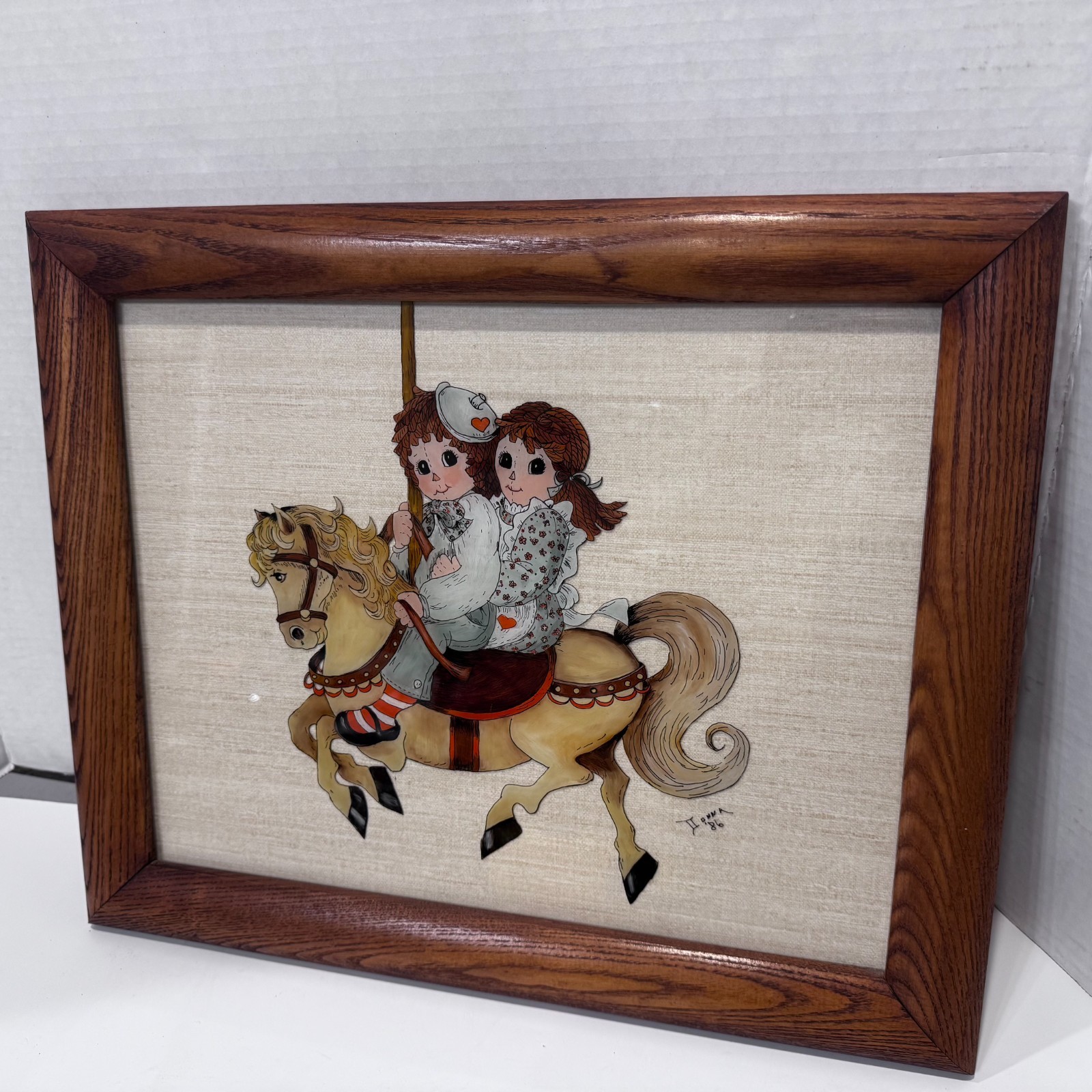 Vintage Reverse Glass Folk Art – Framed Raggedy Ann & Andy 16.5″ x 13.5″ Nursery
