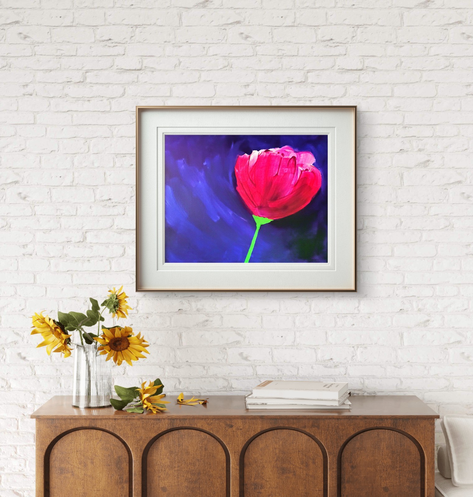 Red Tulip At Dusk Colorful Modern Art Acrylic Painting Canvas.