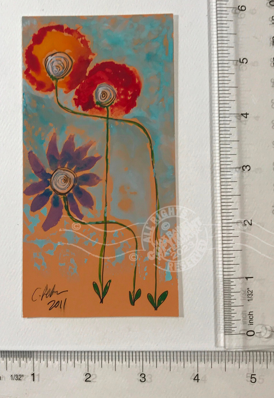 3 Maids 2011 C Peterson * Miniature Watercolor Painting * Flowers blue sky earth