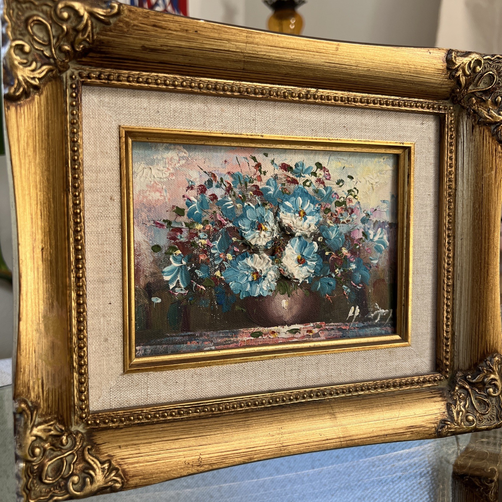Blue Floral Impasto Oil Painting Ornate Gold Wood Frame Linen Liner 9×11