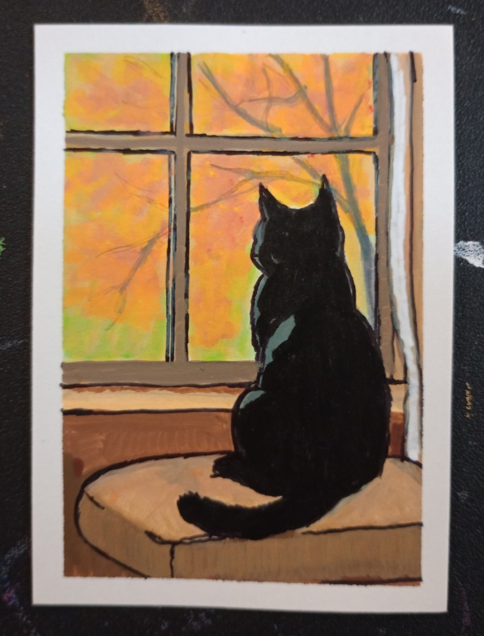 [LIMITED PRINT] Black Cat In Window Miniature ACEO Art, 4x6in