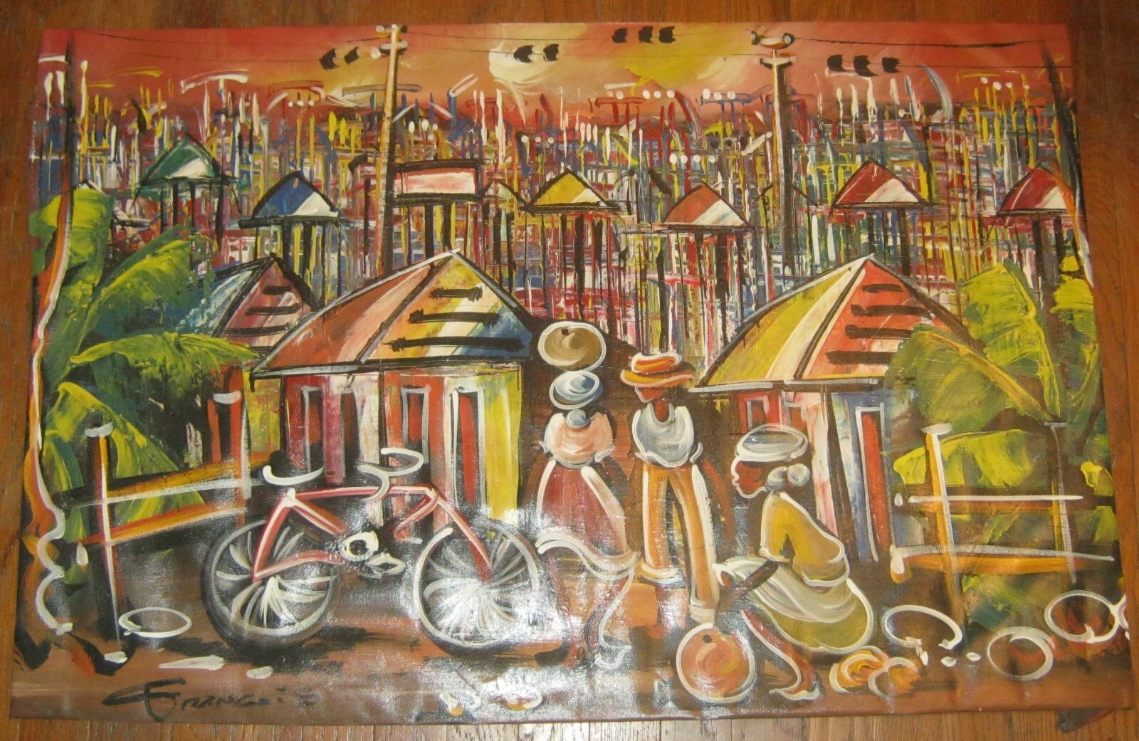 Large Oil on Canvas HAITIAN Market Scene Painting by FRANCOIS Unframed COLORFUL