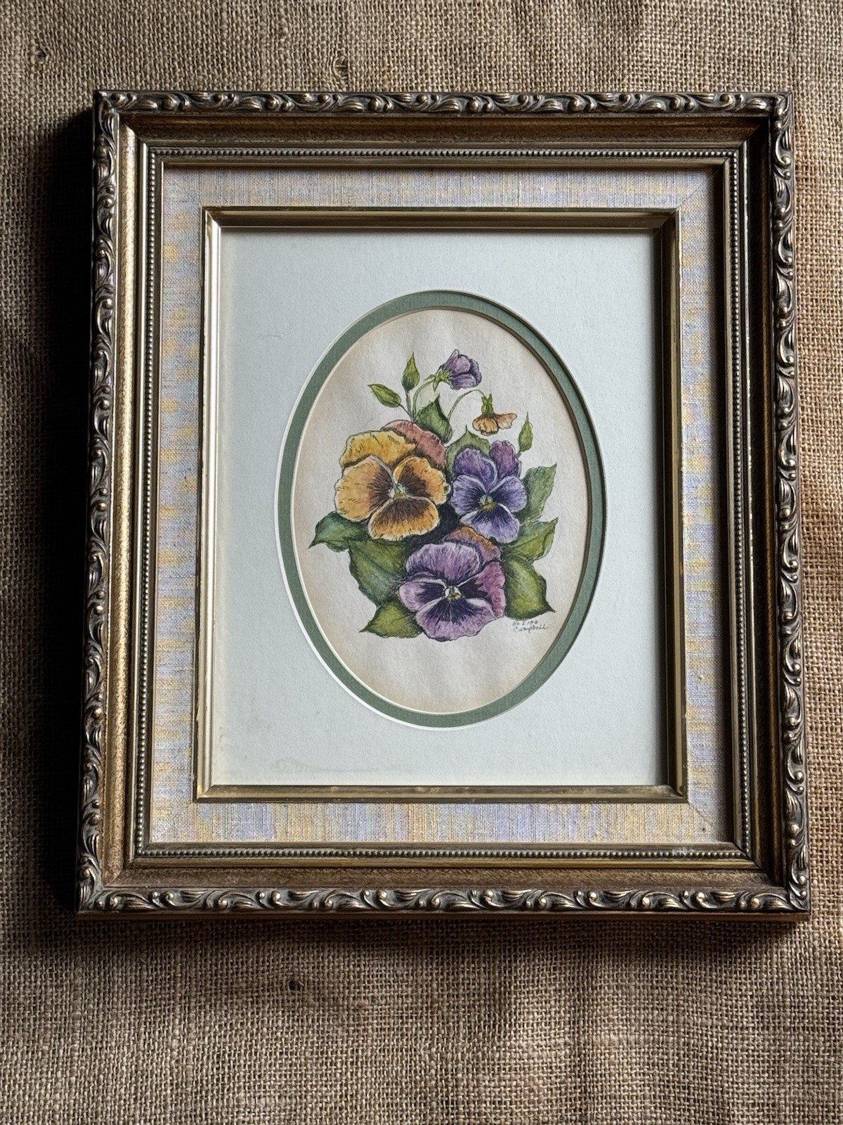 Original Watercolor & Pen Painting Pansies 12×14 Gold Frame Matted Signed 5×7