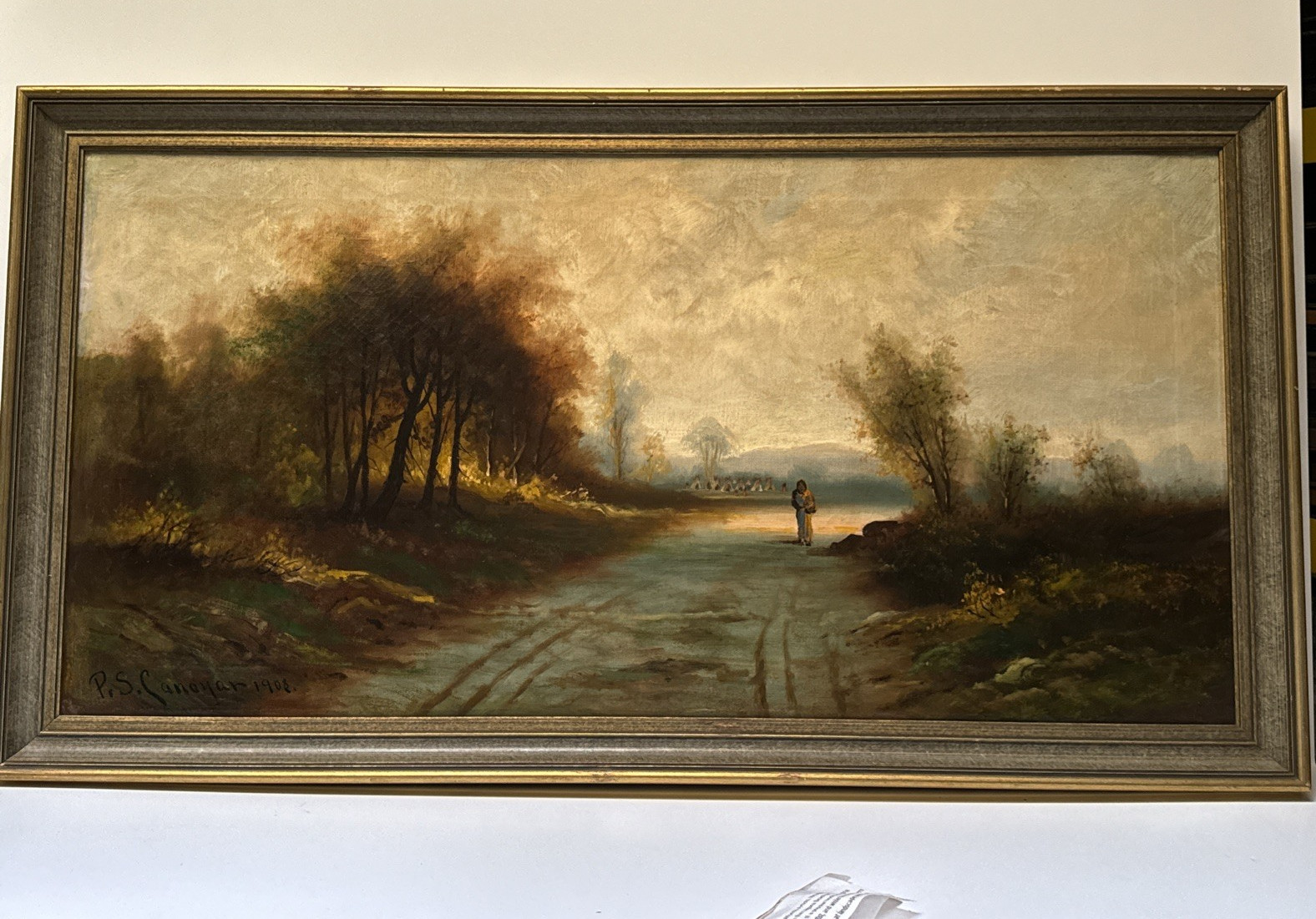 ANTIQUE NATIVE AMERICAN PAINTING INDIAN TRIBAL CAMP LANDSCAPE TRAIL LARGE OIL