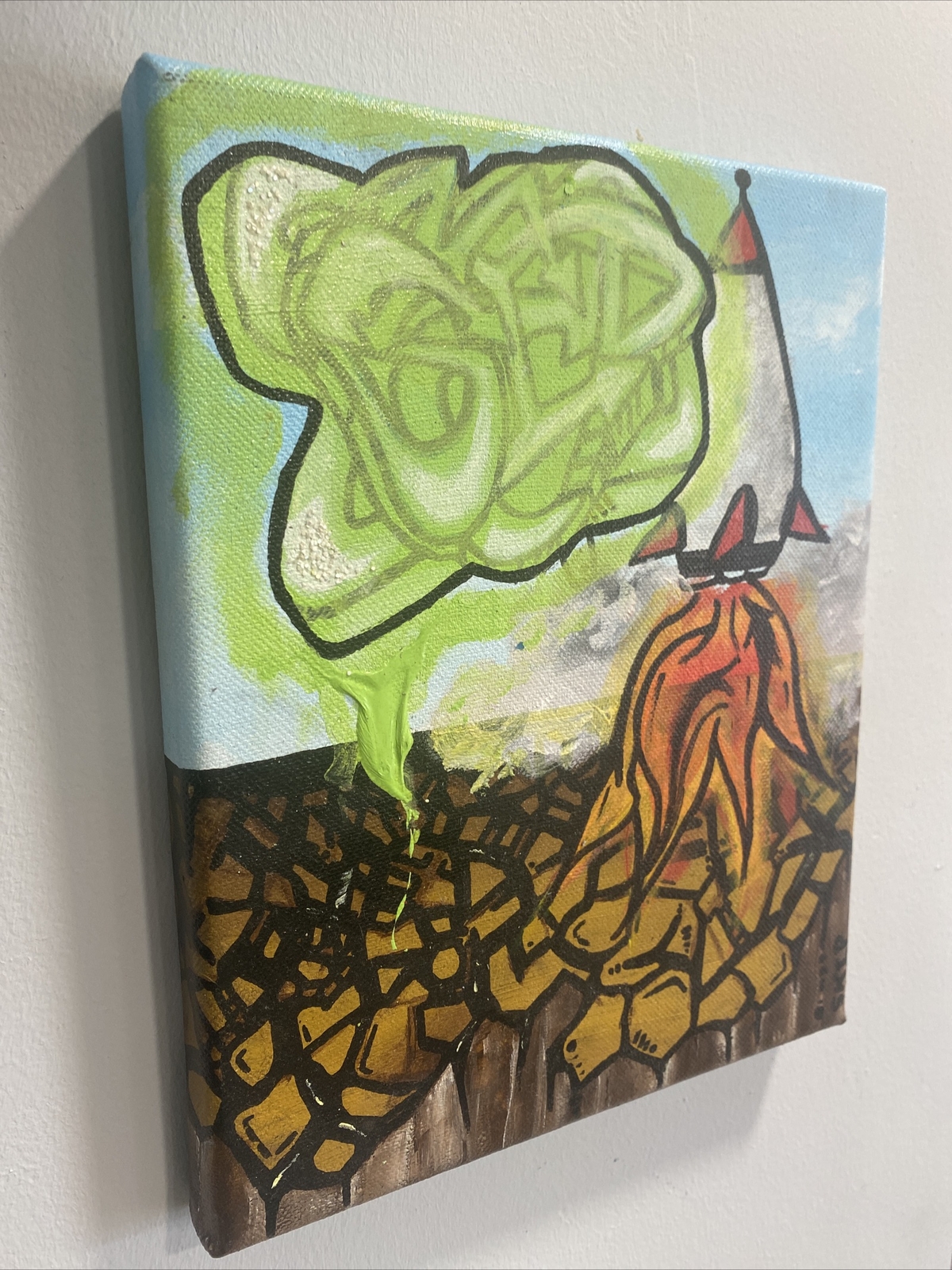 DnMite Original Art, Acrylic on Canvas. “Rocket Ship” Street Art (8in X 10in)