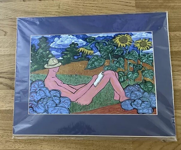 Jon Whiddon Print Of Painting Garden Rest Sunflowers Country Folk Art Matted