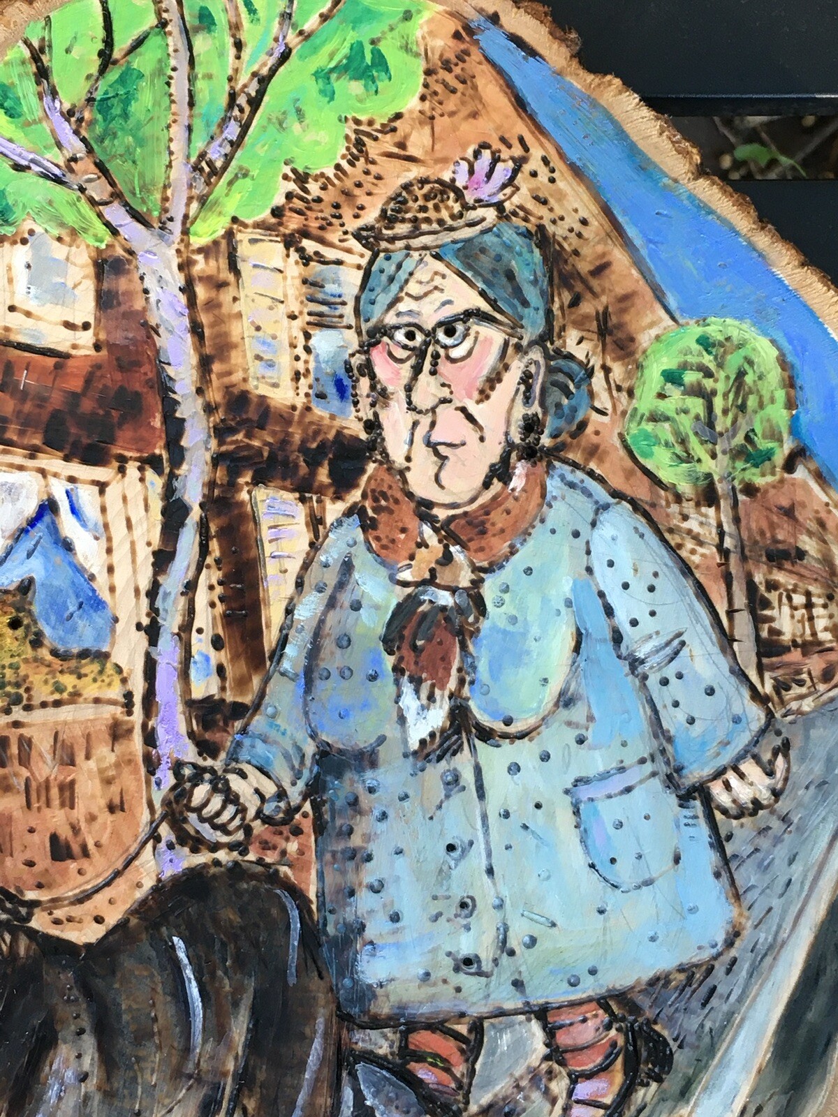 MBollen wood burning Grandma With Cane Corsica Large Wood Plaque Original Art