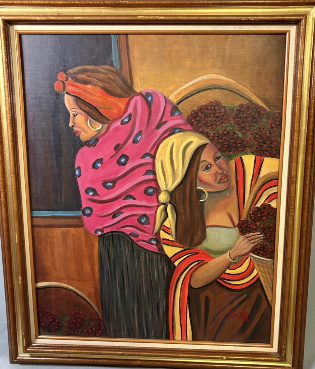 Market Harvest Women Colorful Textiles Gold Hoops Original Painting Signed Sal
