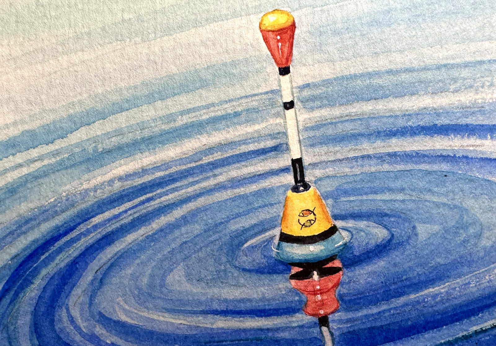Watercolor Painting Fishing Float Lake Water ACEO Art No.271