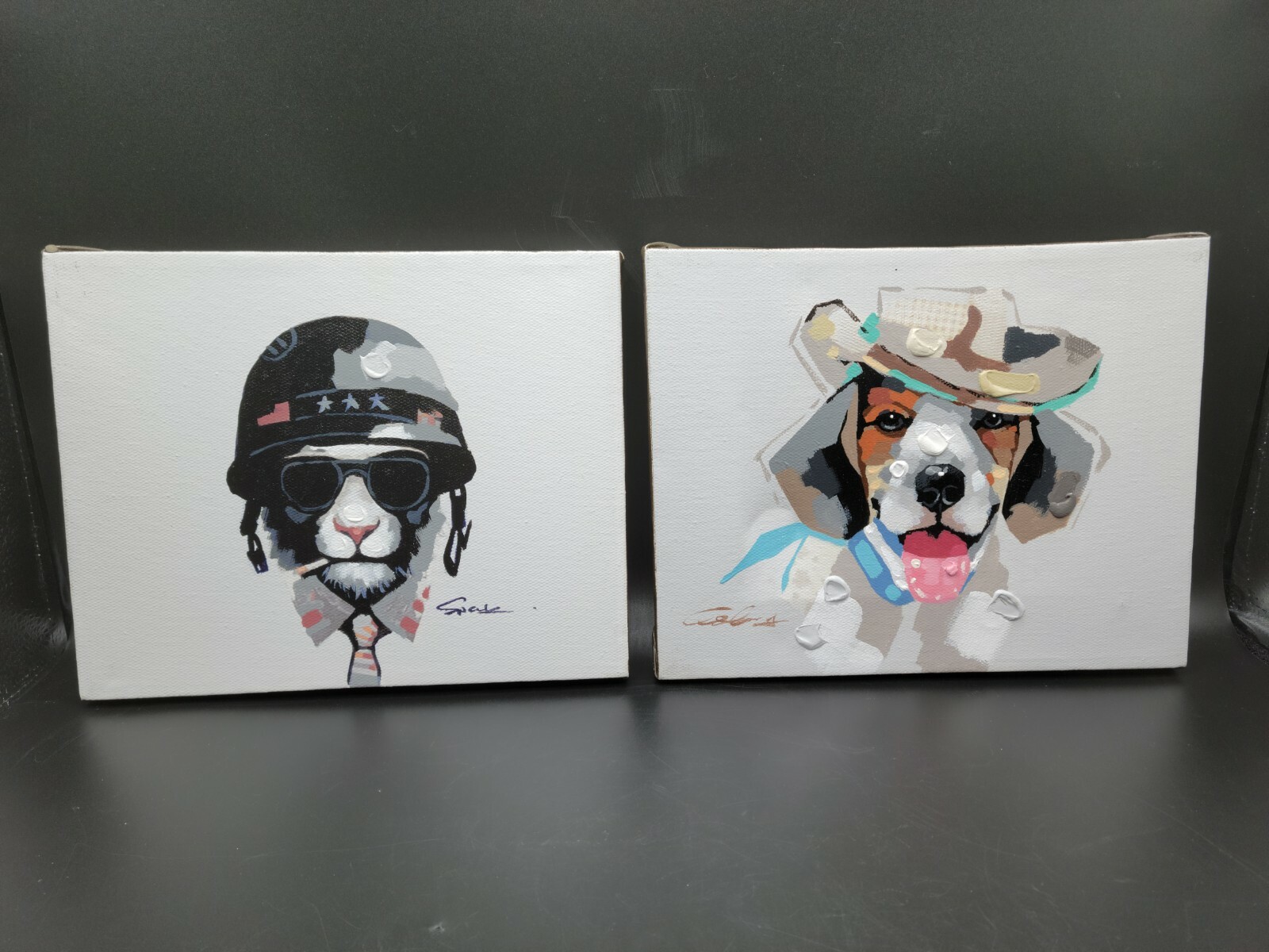 Contemporary Art Motorcycle Cat & Cowboy Dog Prints On Canvas 10″x7.5″