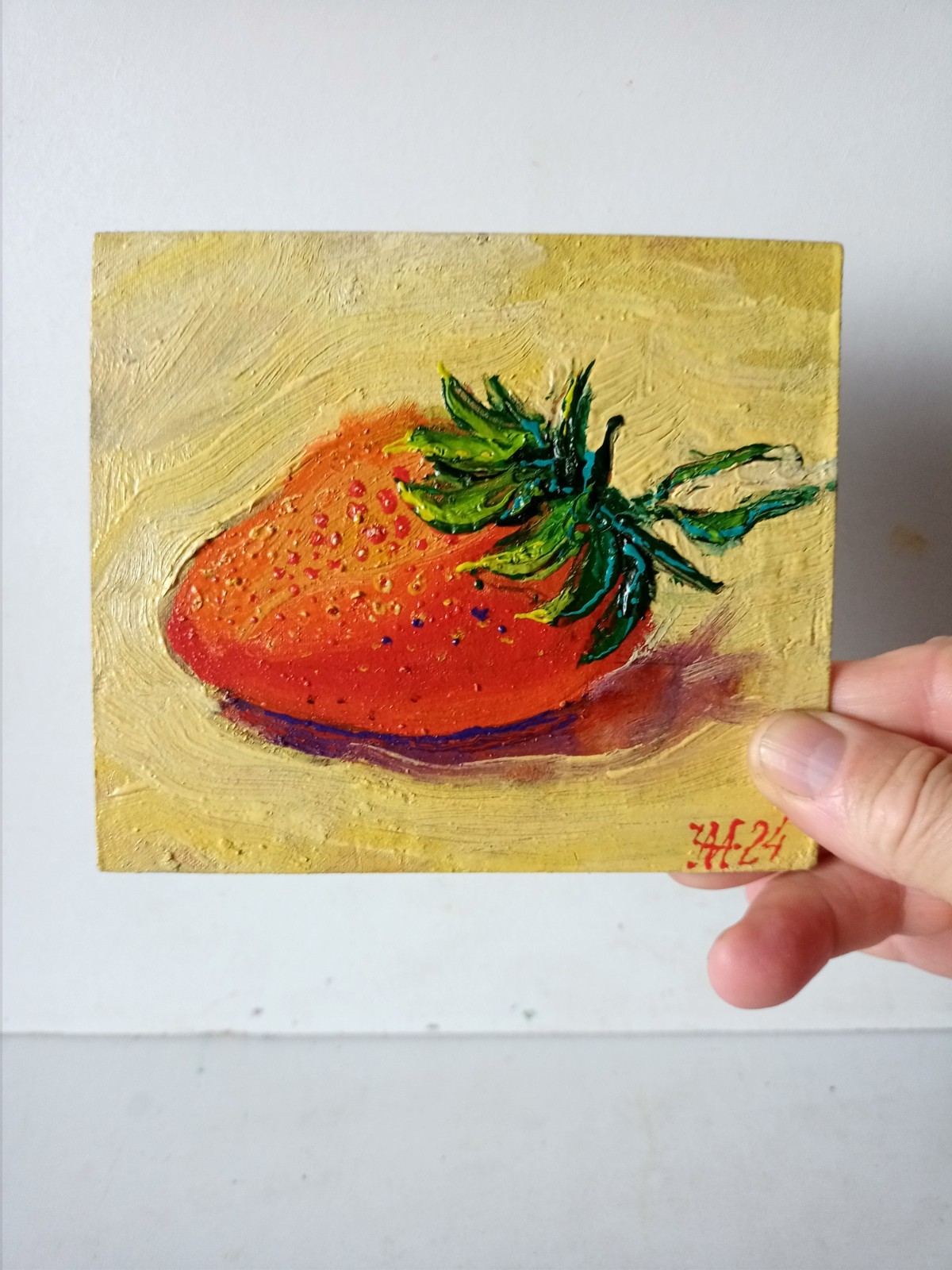 Strawberry, Painting Original Art Impression Oil Painting 4.7 x 5.5 in