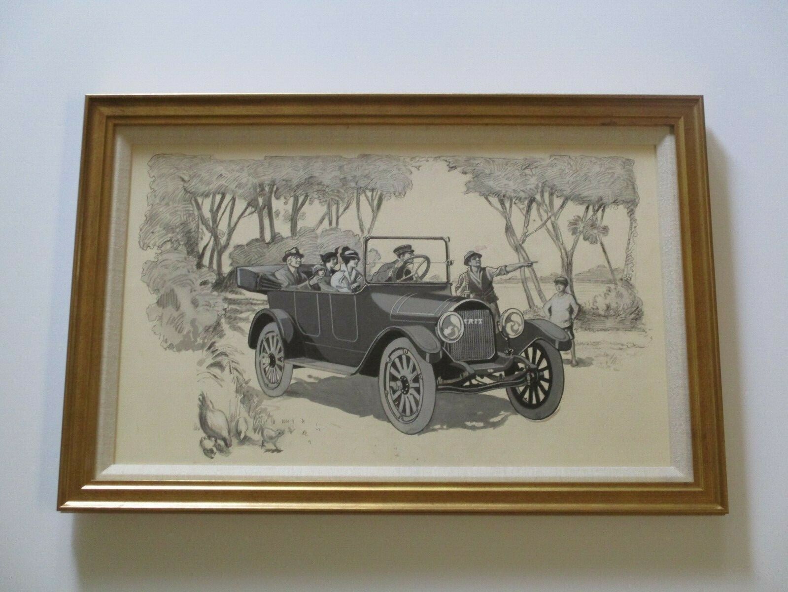 ANTIQUE ART DECO PAINTING CLASSIC CAR AUTOMOBILE PORTRAIT WPA ERA PORTRAIT OLD
