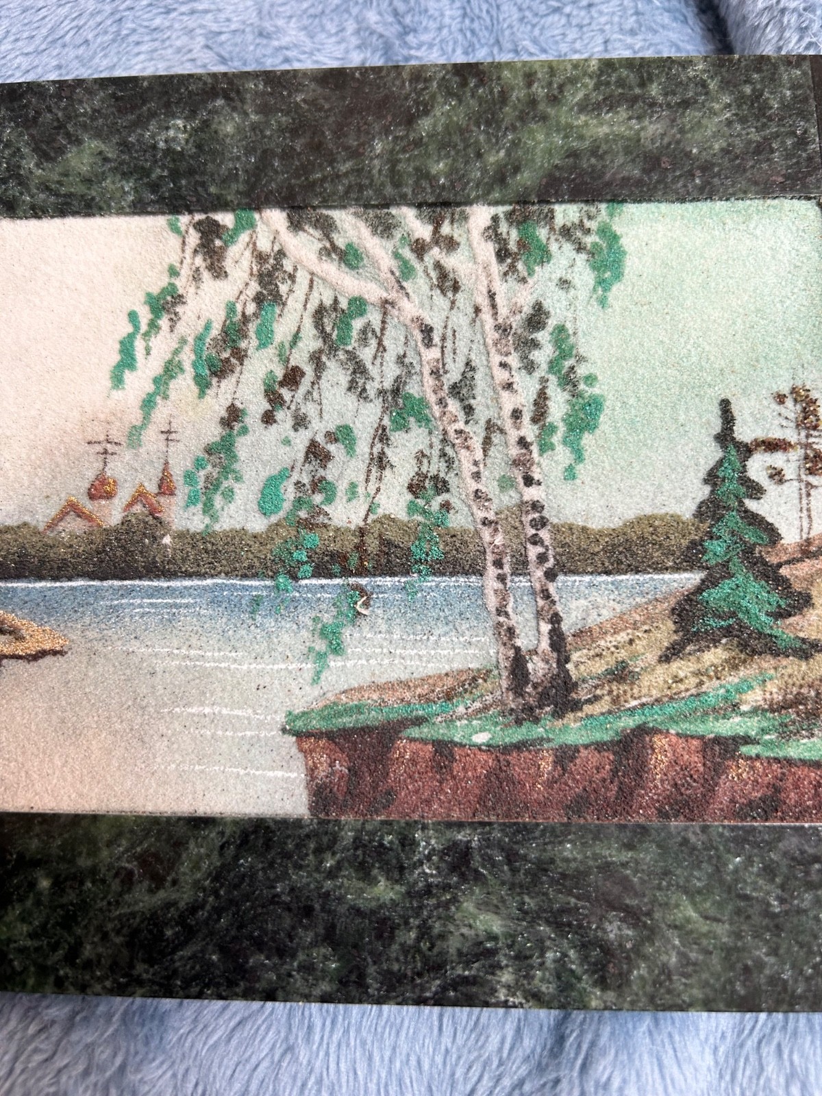 Vintage Russian Landscape Crushed Gemstone Painting Stone Frame 5.5 x 8 1/4”
