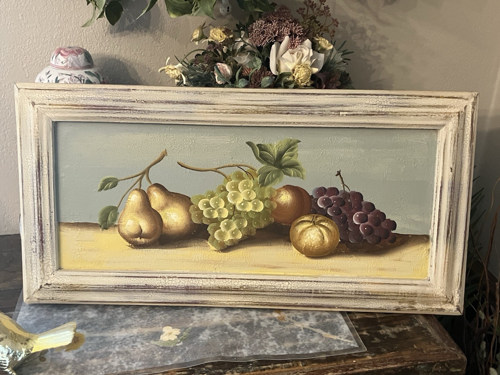 Vintage fruit painting Distressed Cottagecore French country Decor Still Life