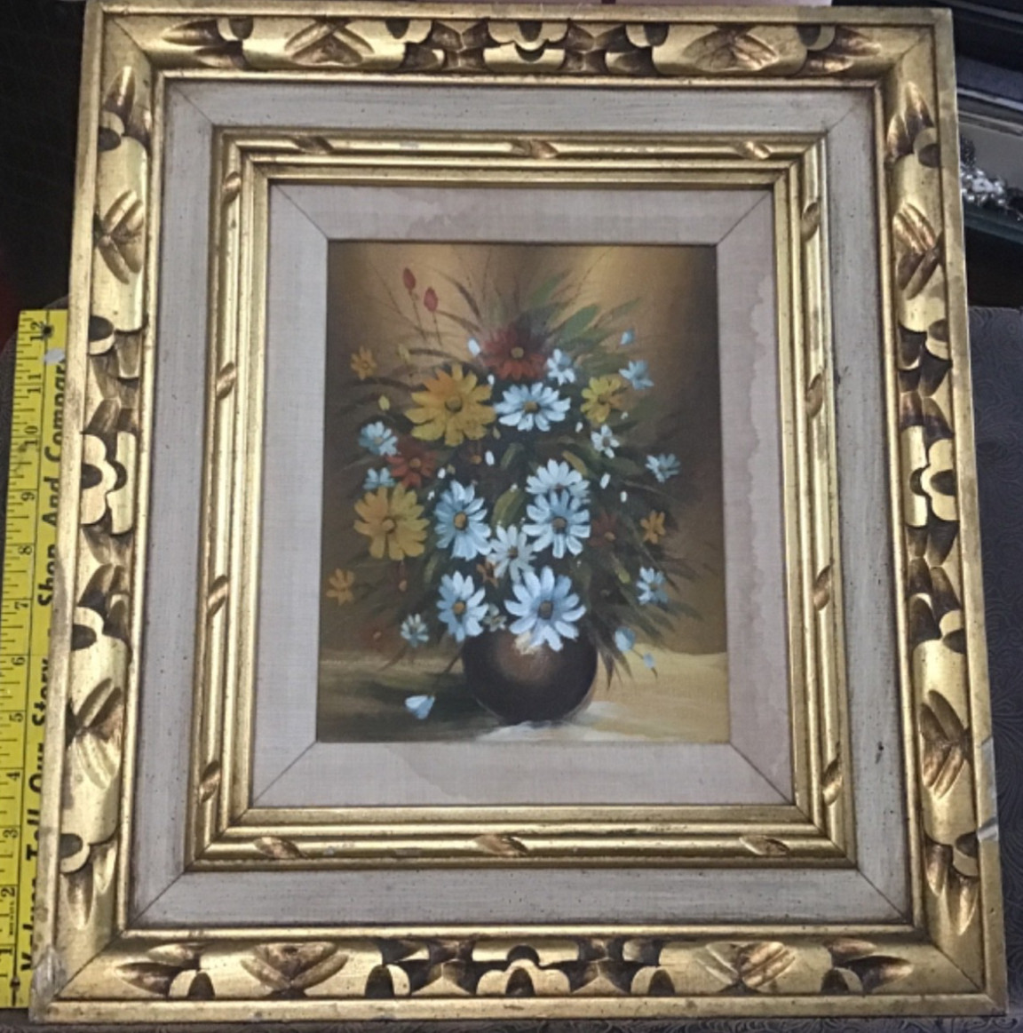 Framed Original Oil Painting Still Life Yellow&White Daisies Vase~Mexican Frame