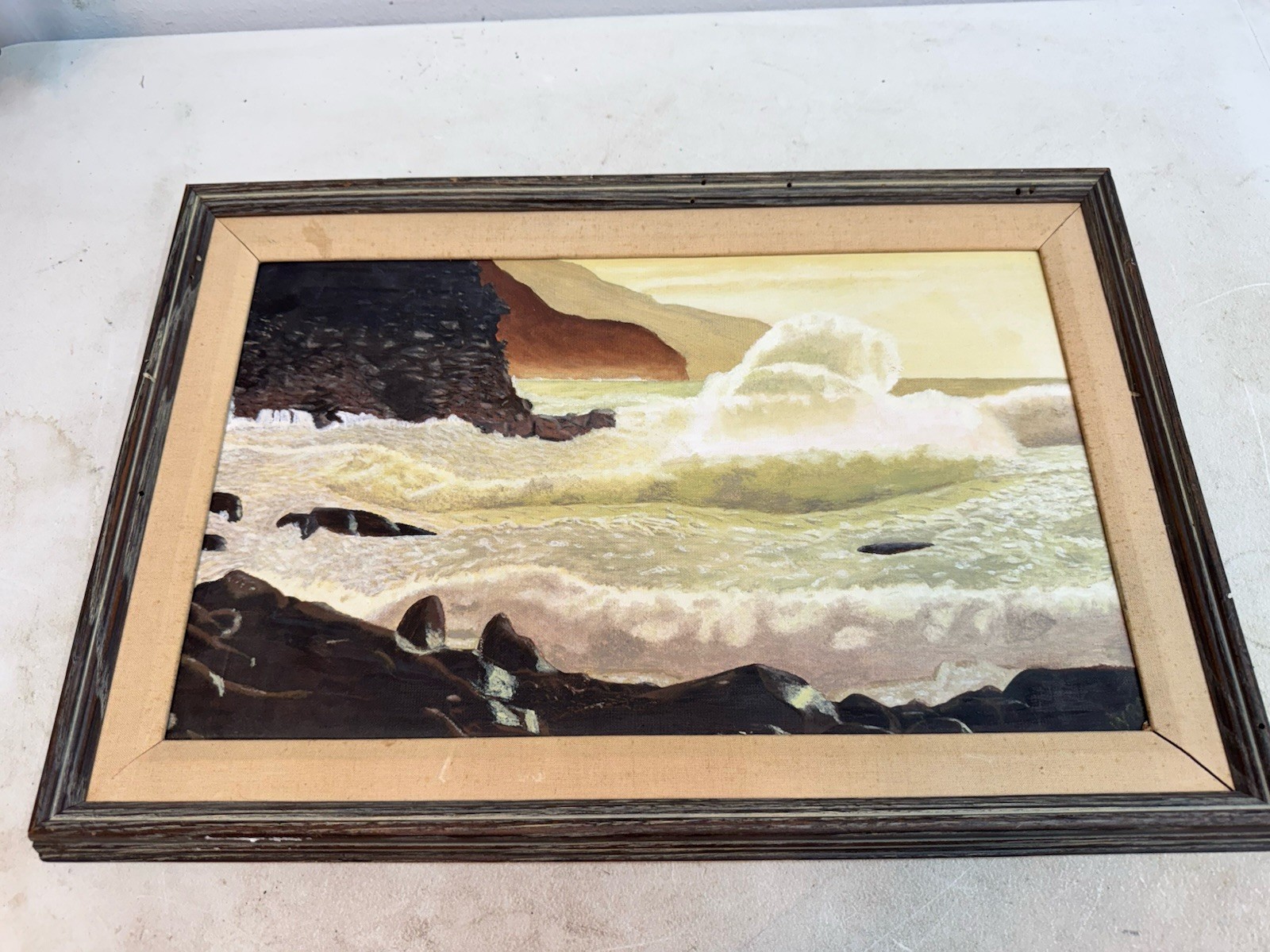 signed WRA original seascape painting framed coastal ocean waves rocky shore art