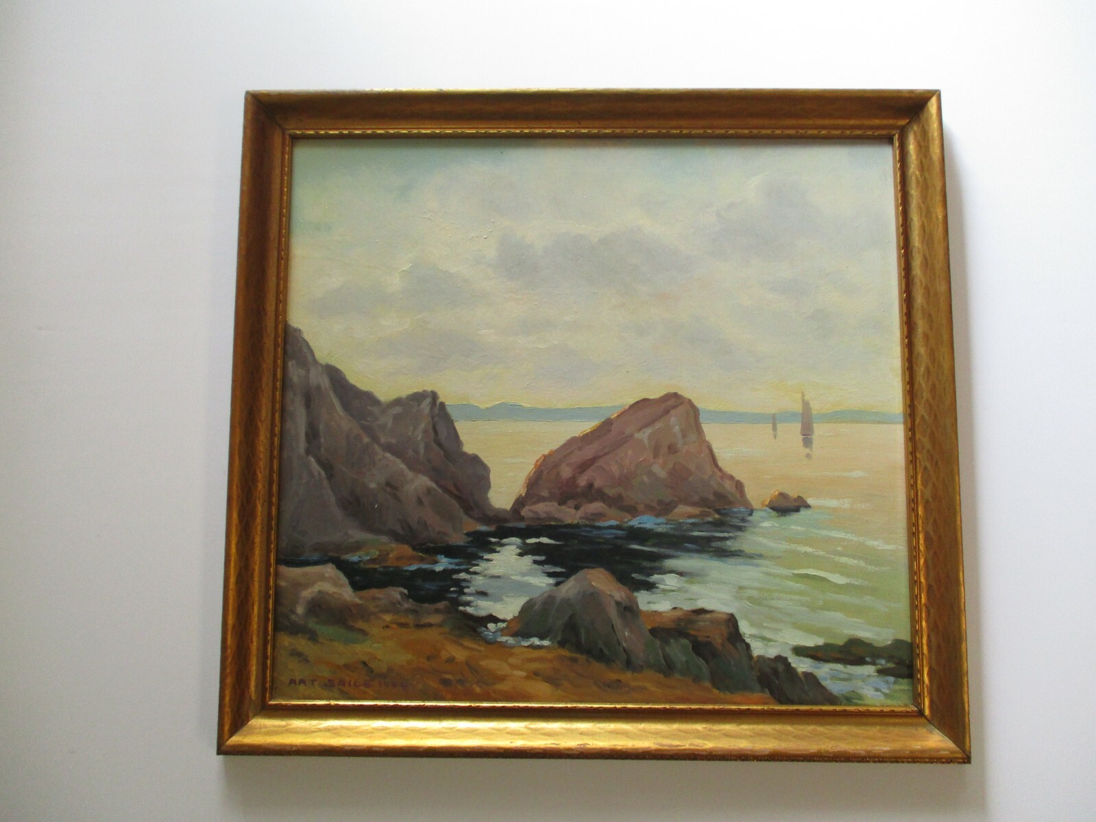 ANTIQUE COASTAL BEACH BOATS PAINTING LANDSCAPE AMERICAN IMPRESSIONISM NAUTICAL