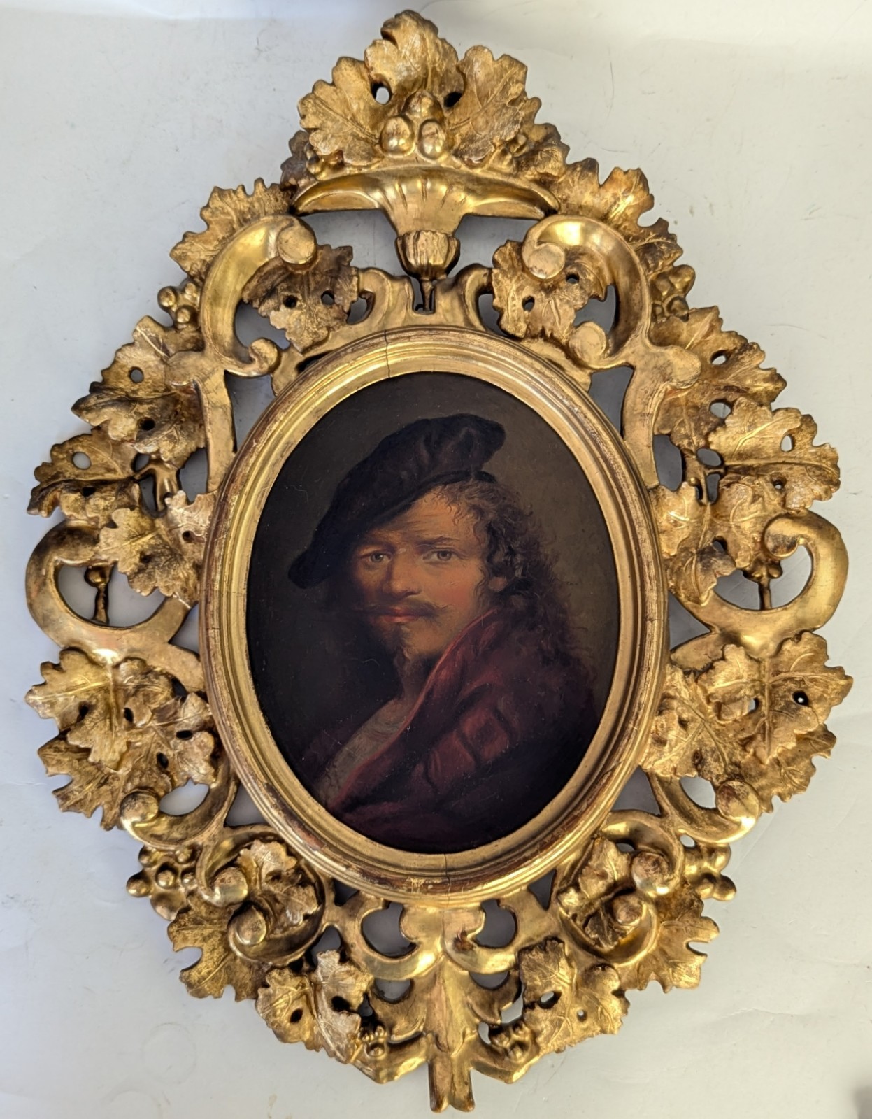 Antique Florentine Wood Frame Painting Self Portrait of Dutch Artist 18.5×14.5