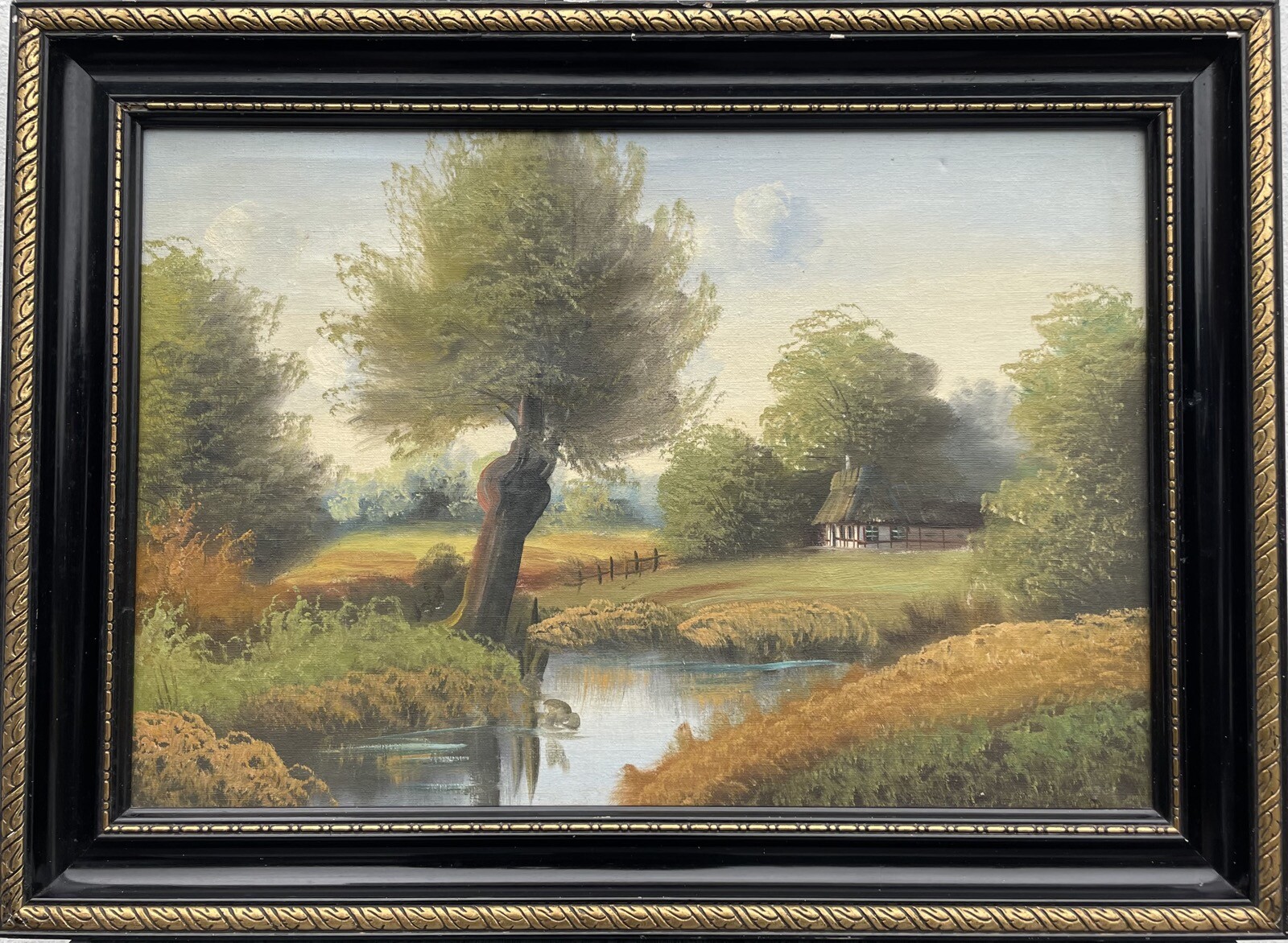 Impressionist Landscape With Thatched Cottage By The River Oil Painting