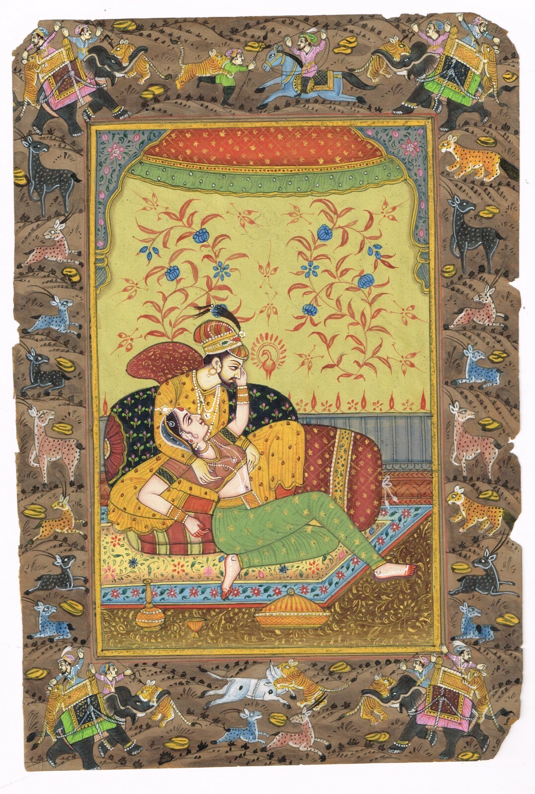 Painting Of Mughal Emperor & Empress Love Scene Indian Vintage Art 5.5×8 Inches