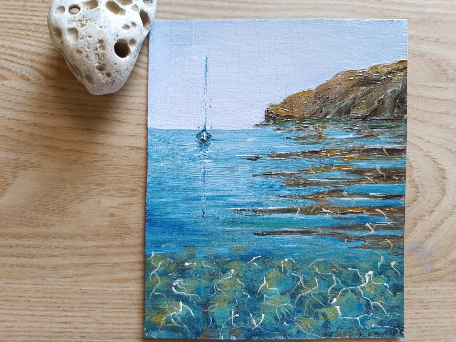 TEXTURED IMPASTO BOAT STONES MOUNTAINS Original Arts OIL Painting Seascape Gifts