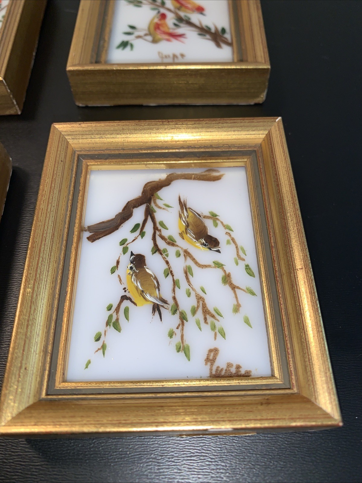 Vintage MCM Set of 4 Small Verilyn Gallery Bird Paintings on Glass Spain