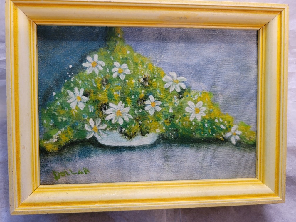 **SALE**Vintage Framed Oil Hand Painting on Canvas Daisies & Green Foliage 6×8