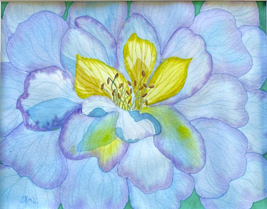 PAINTING WATERCOLOR 11X14 AND MAT 16X20 FLOWER ANEMONE BLUE PURPLE ORIGINAL ART
