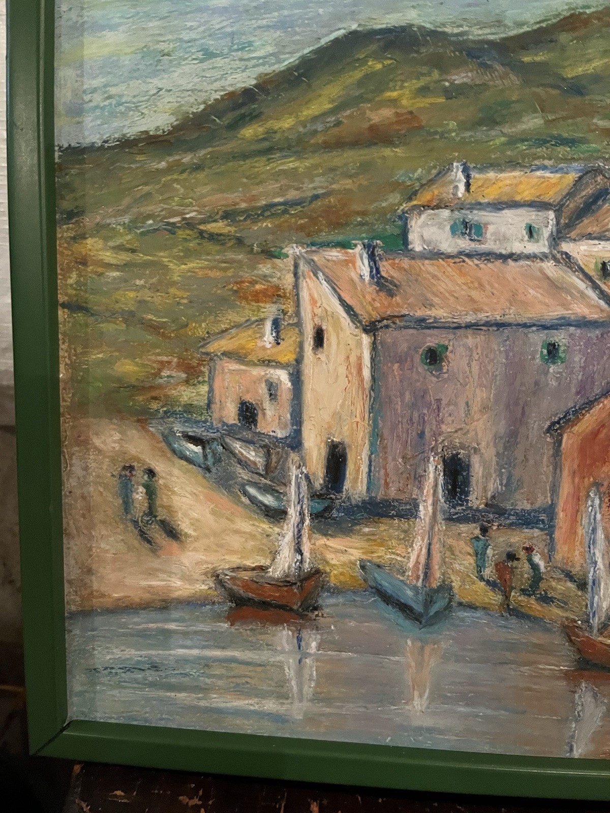 Vintage Original Chalk Drawing -Seaside Village-sailboats-Green Frame-16”x11 3/4