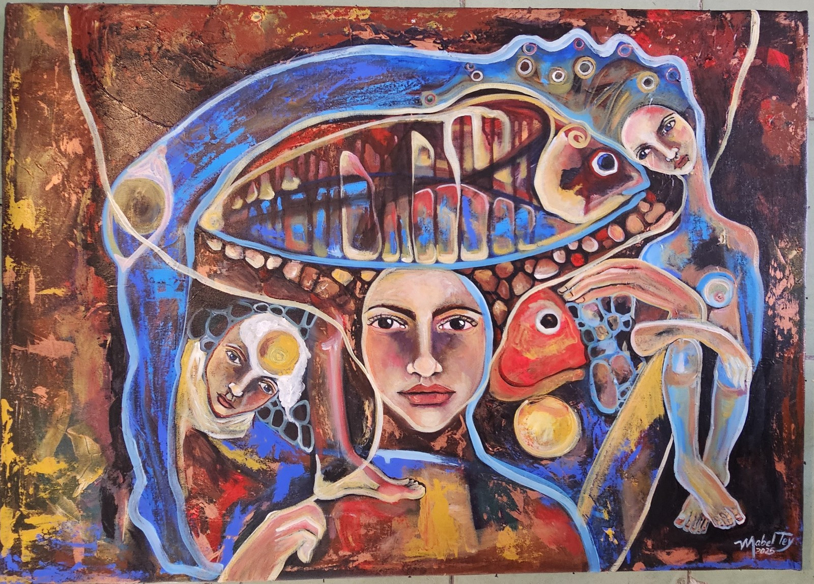 Acrylic On Canvas Mabel Tey Tejiendo Suen̈os Cuban Beautiful Art. 31.49×22 In