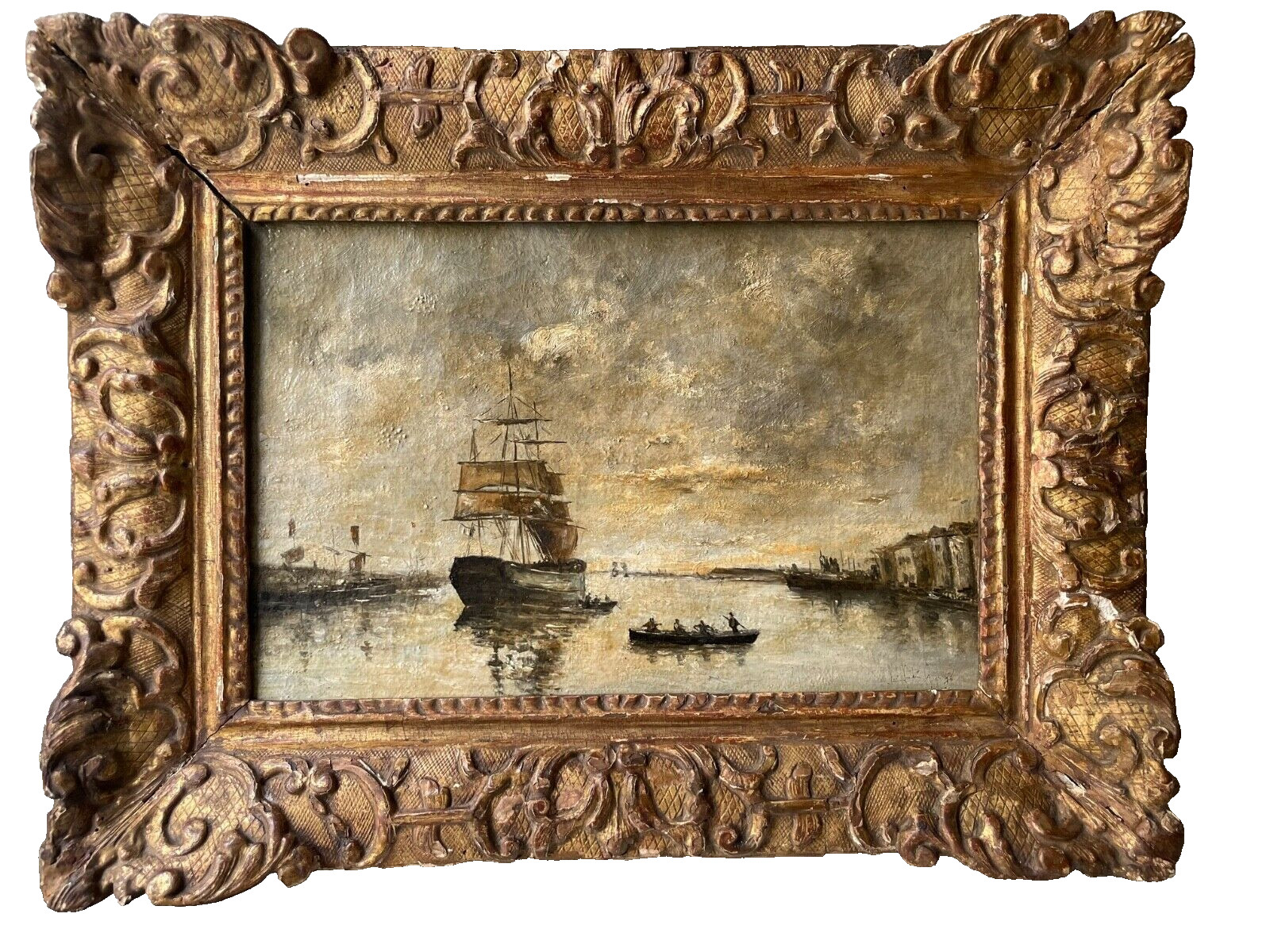 EUGENE BOUDIN – 19th FRENCH HUGE OIL ON CANVAS – SHIPS IN THE PORT OF HONFLEUR