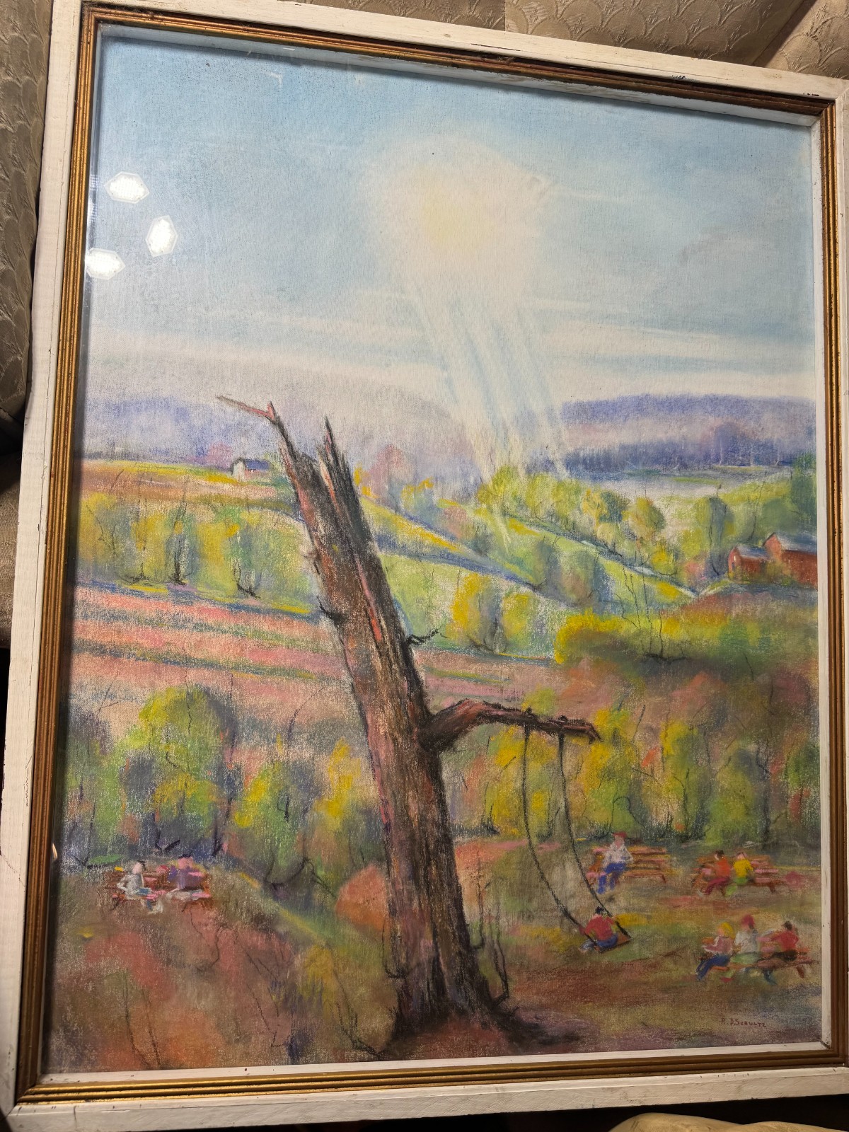 Huge Richard D. Schultz (1915 – 2007) «Children In Park» Pastel Painting -Framed