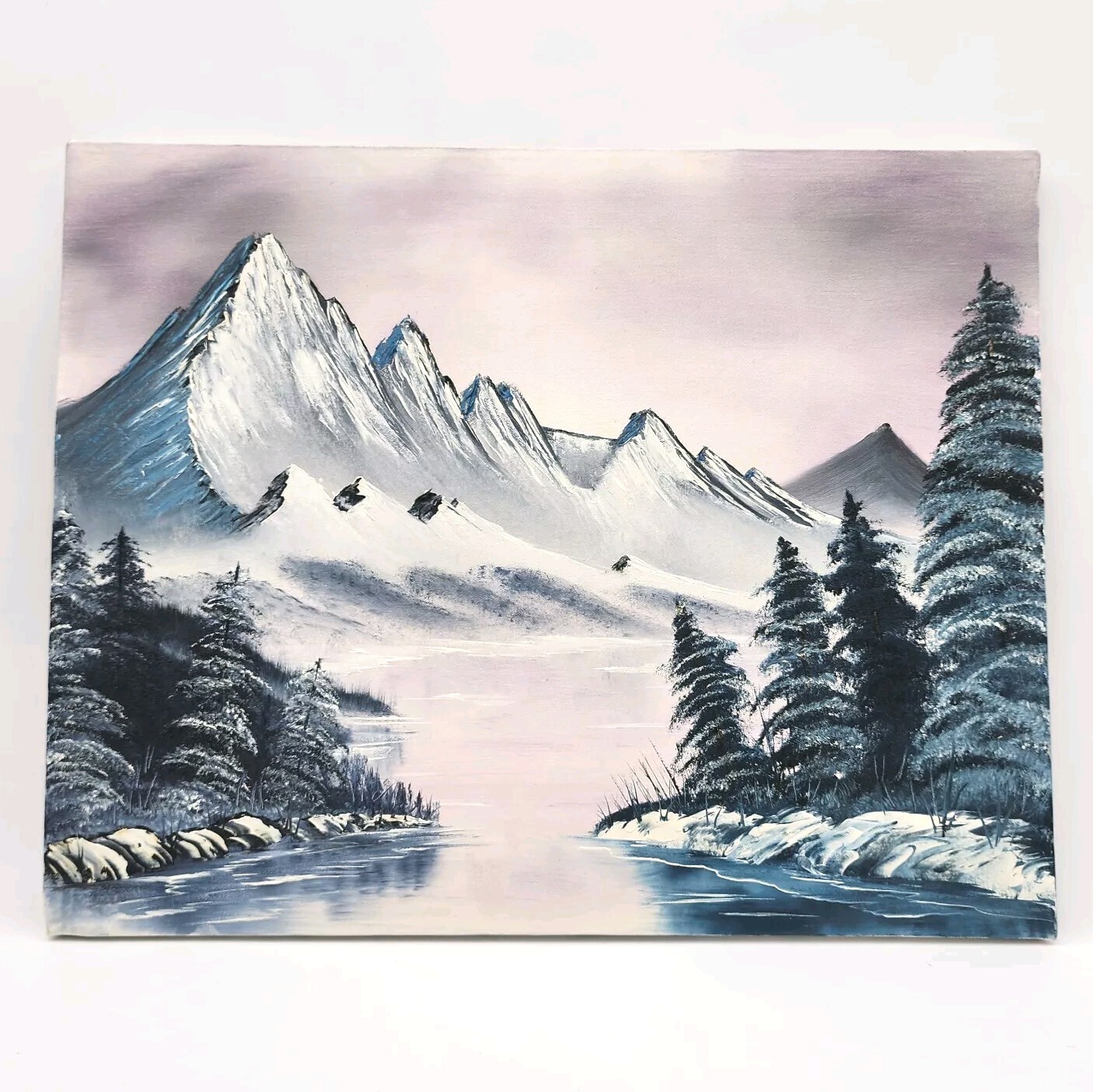 Original Bob Ross Style Winter Landscape Oil Painting Mountain Scene 16×20 Frame