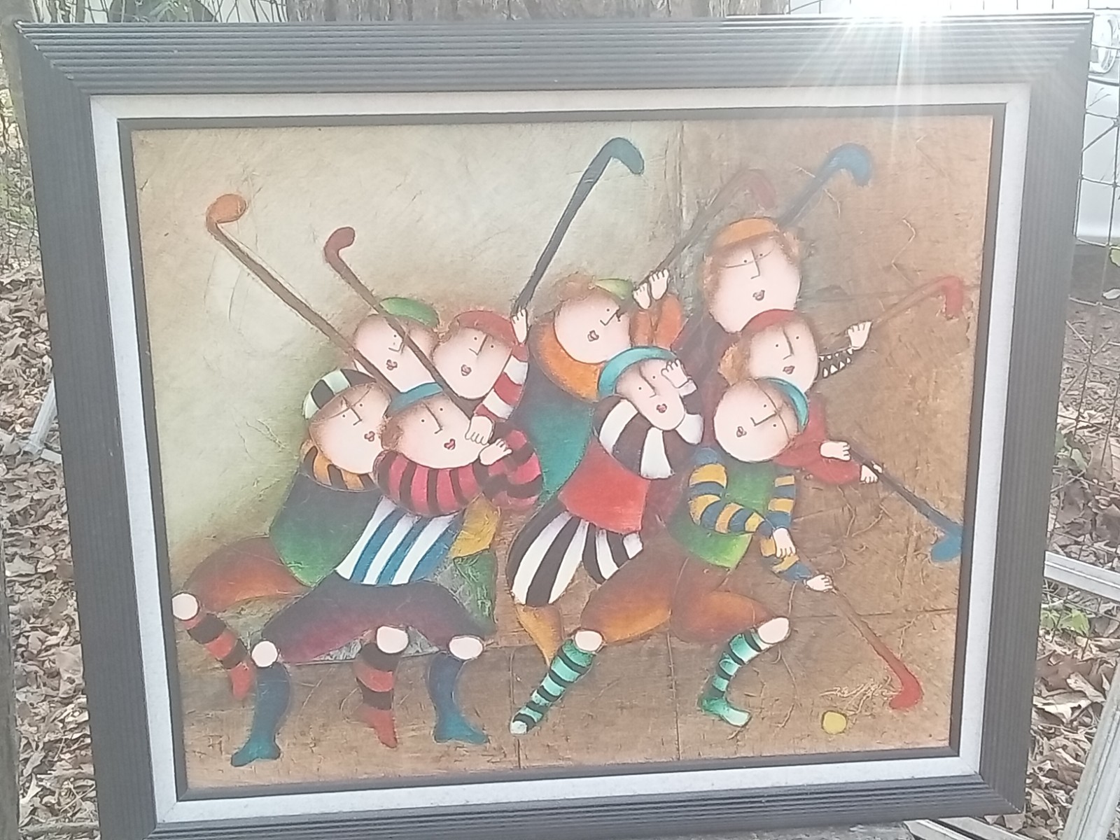 J. Roybal Children Playing Hockey Painting Signed