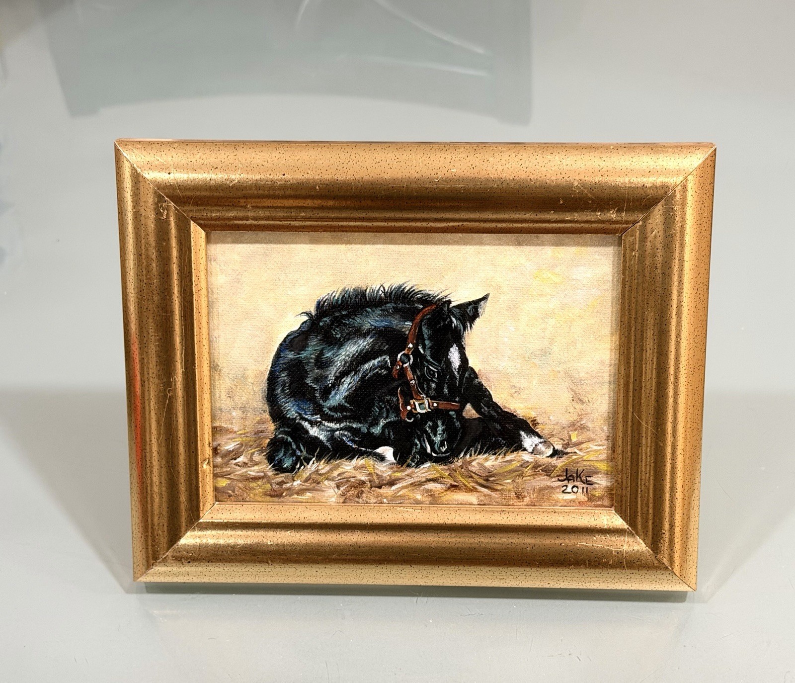2011 Signed Equestrian Horse Cabinet Oil Artwork Painting Gold Gilt Frame