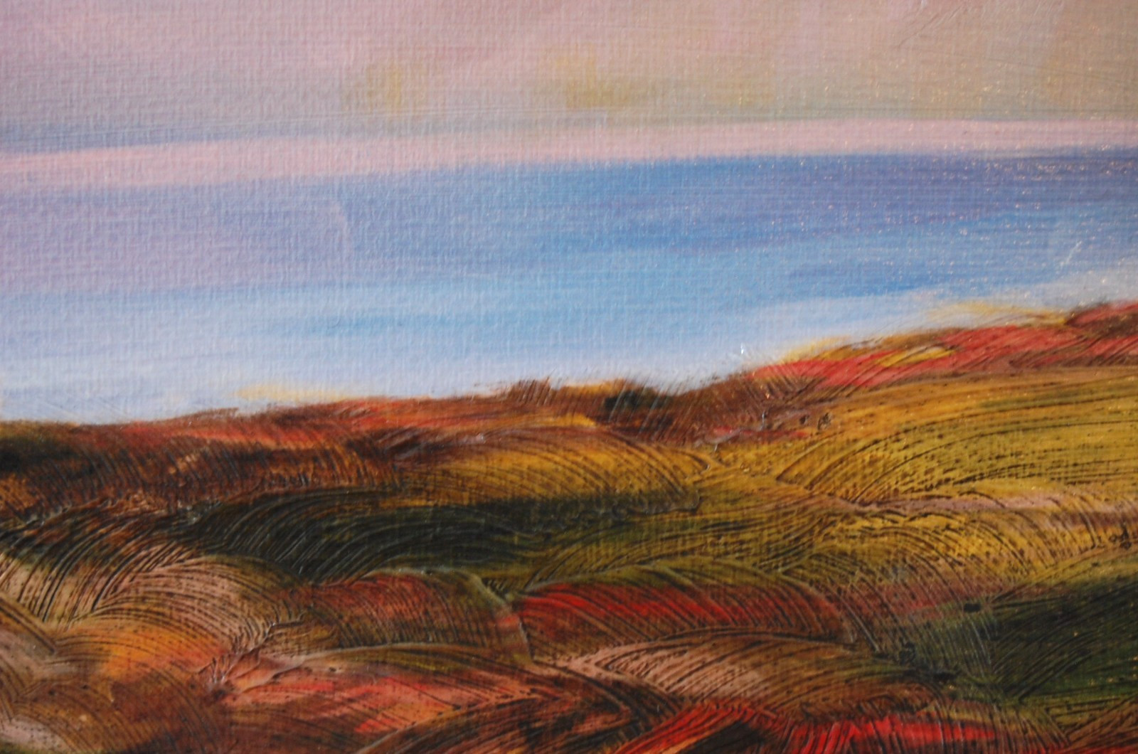 VINTAGE 1990’S FRAMED ABSTRACT OIL SEASHORE AT DUSK LANDSCAPE ARTIST: M. PEARSON