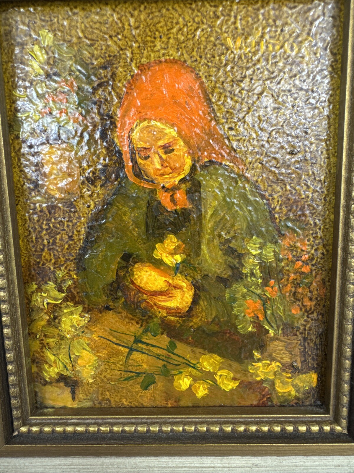 Ruth Vamos Oil Painting Old Woman With Flowers 5×4 Inches