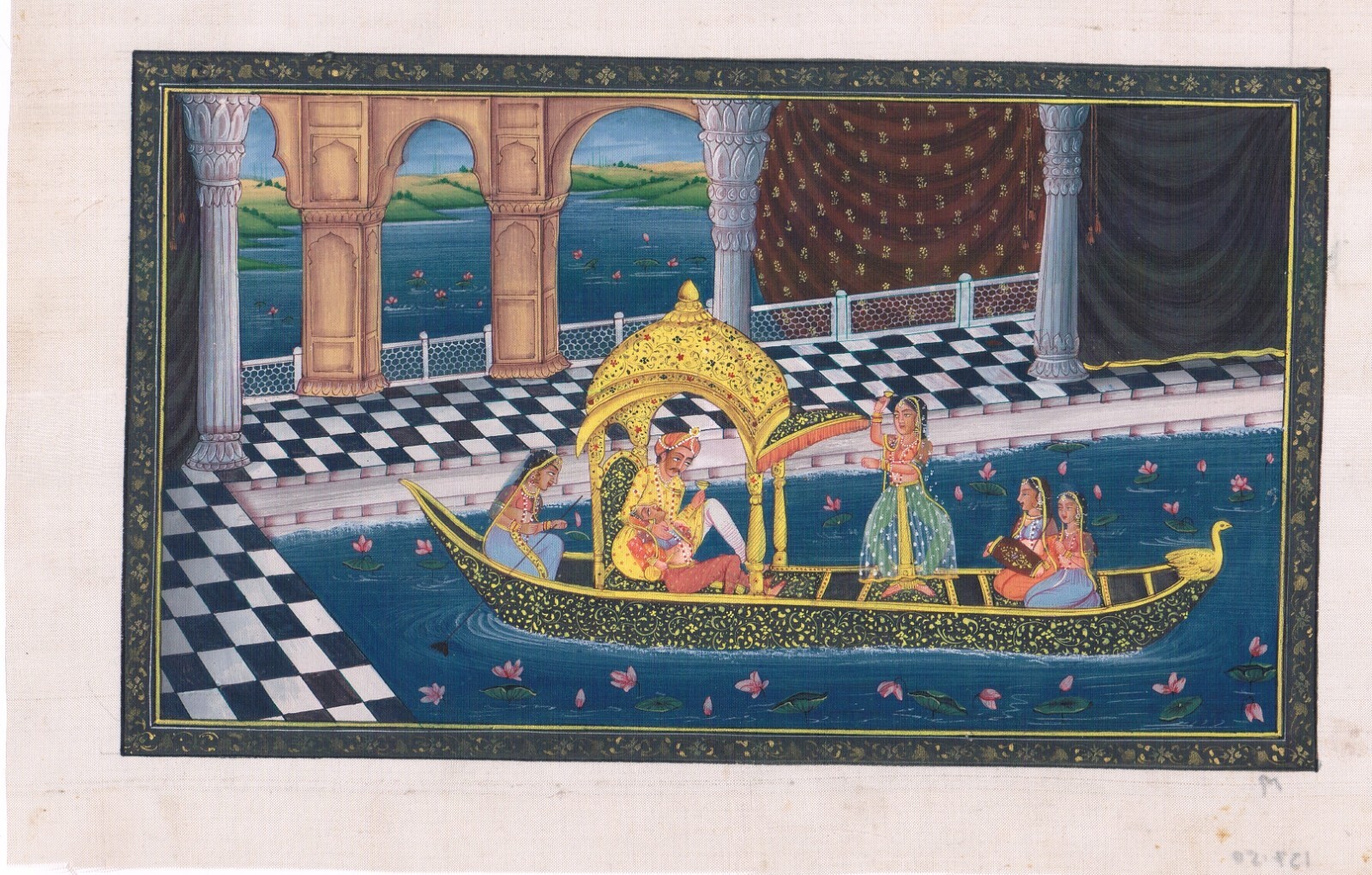 Indian Mughal King & Queen Painting Enjoying Love Scene In Boat 11.5×7.5 Inches