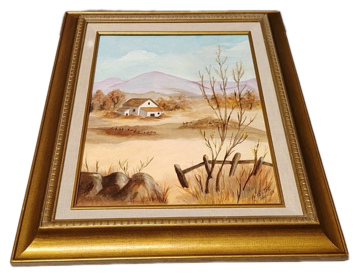 VTG Gold Framed Original Oil Painting Landscape Country Farmhouse USA Signed 19″