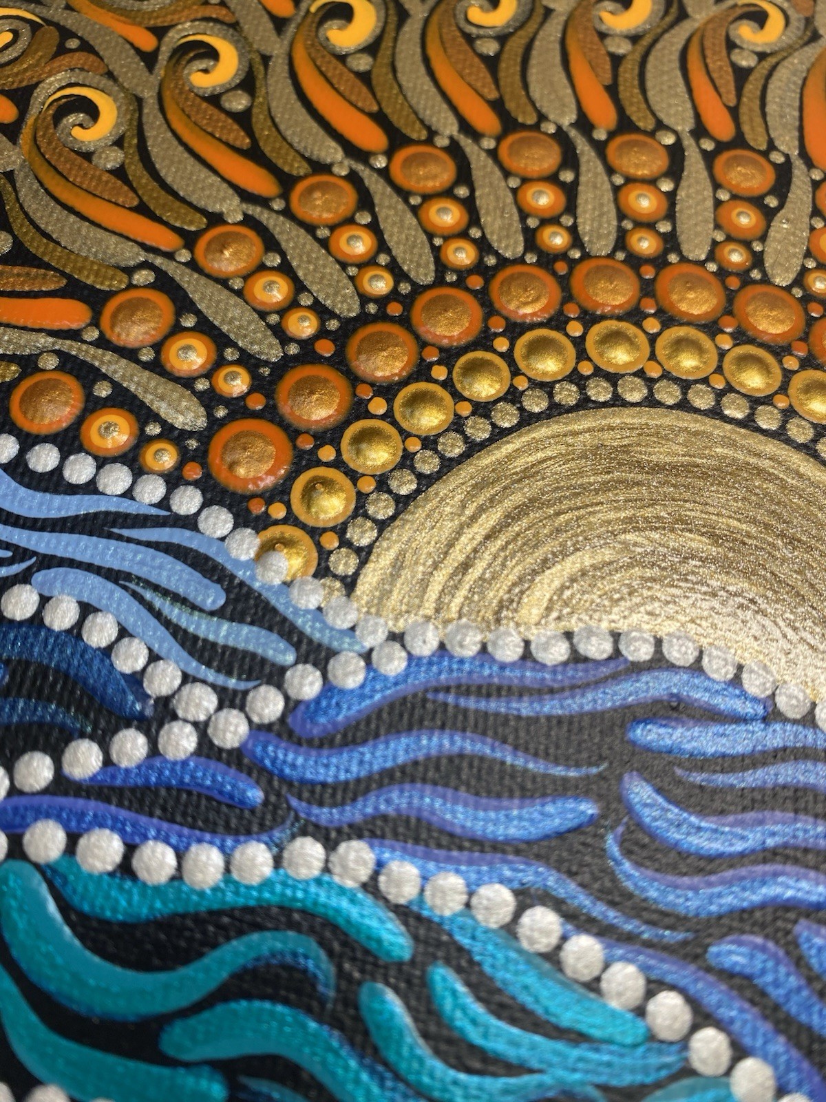 12” Sunrise Round Flat Mandala Canvas Painting – By JaDeL