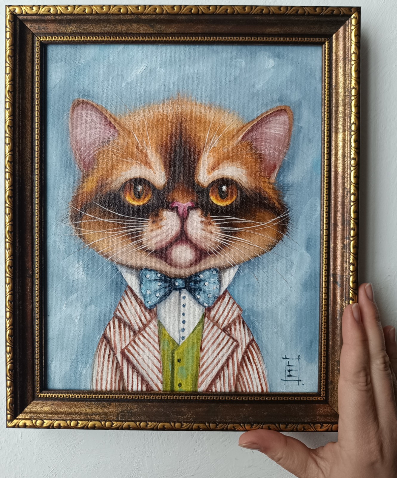Dapper Tom Cat Original Oil Painting Framed Wall Art 8×10 in