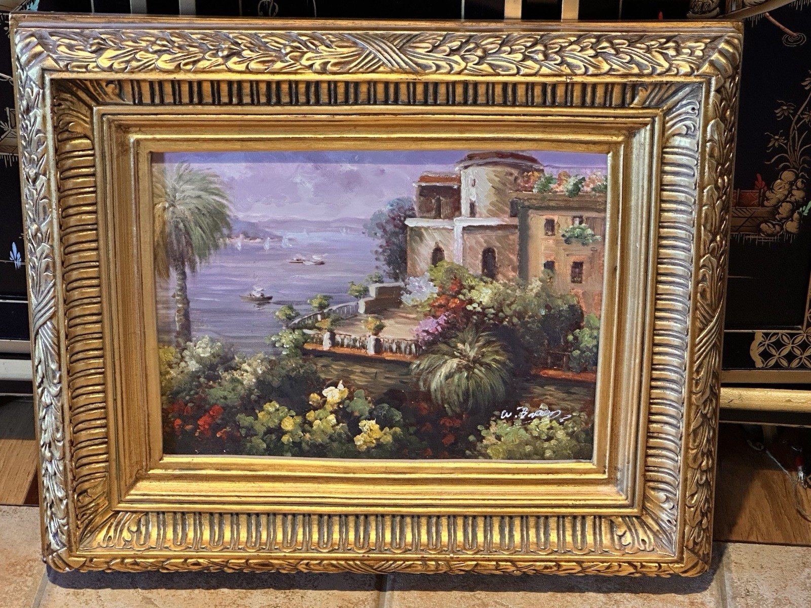 MEDITERRANEAN SEACAPE OIL PAINTING ART SIGNED GOLD WOOD FRAME 24″ * 20″ EUC