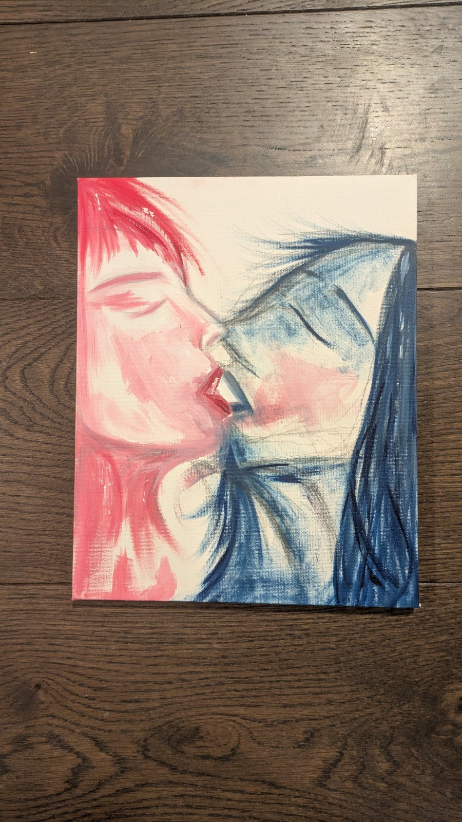 Original Gouache Canvas Painting, Red Blue Lesbian Handcrafted Art
