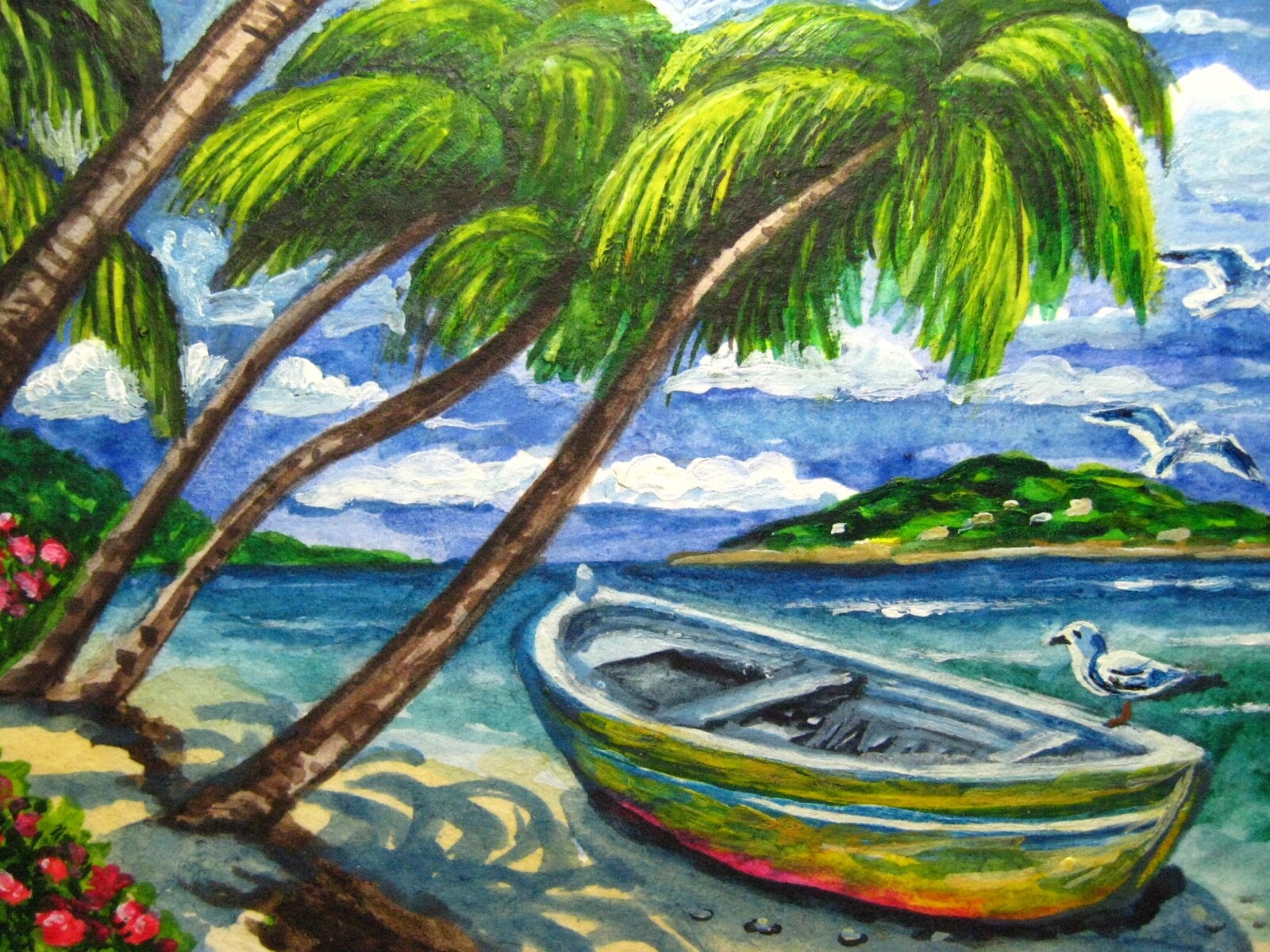 Painting Ocean Beach Palm Trees Wooden Boat Seagulls Nature ACEO Art