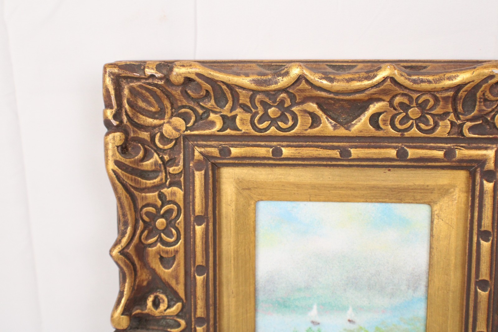 Vintage Farmhouse Landscape Enamel On Copper Painting Gilded Frame Signed Kaye