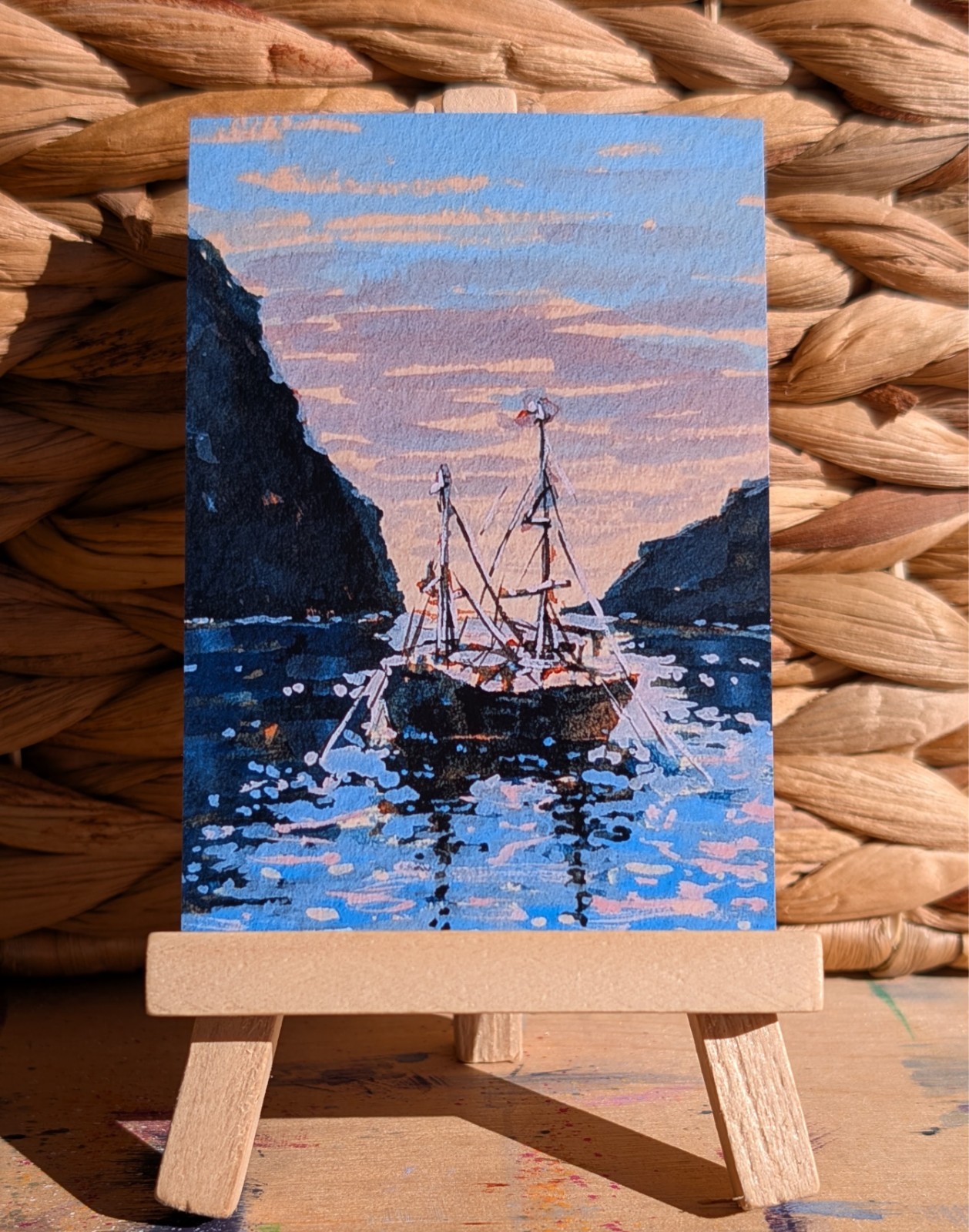 ACEO Print, Pirate Ship Nautical Dawn Fantasy Sunrise Seascape, 2.5″ x 3.5″